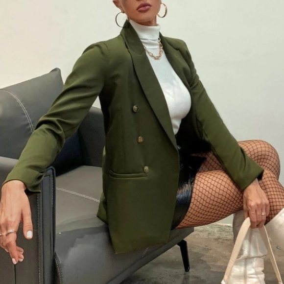 Lapel Collar Double Breasted Blazer  Army Green - Picture 1 of 8